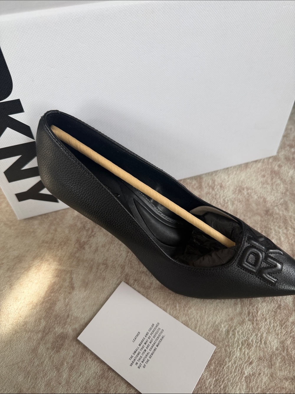 DKNY Black Pointed Toe Logo Leather Pump
